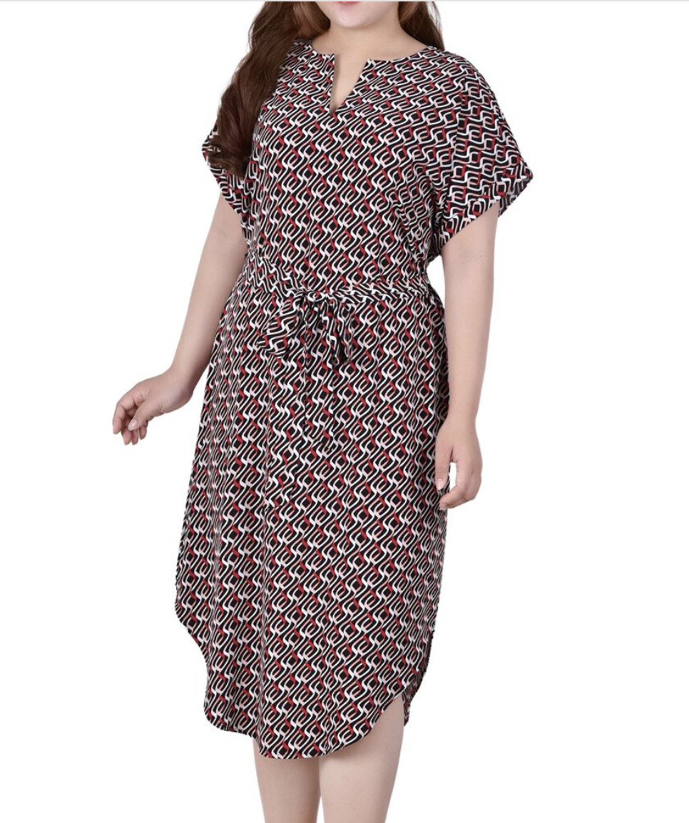 Plus Short Sleeve Belted Split Neck Dress at Dress Barn