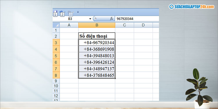 Số điện thoại hiển thị trong Excel sau khi định dạng Custom