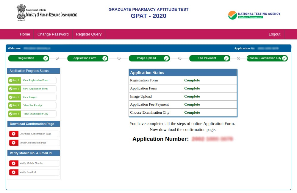 Confirmation Page of the NTA GPAT Form 2021