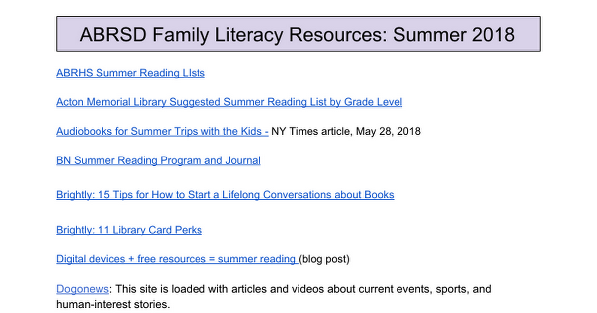 CSFamily Literacy Resources: Summer 2018
