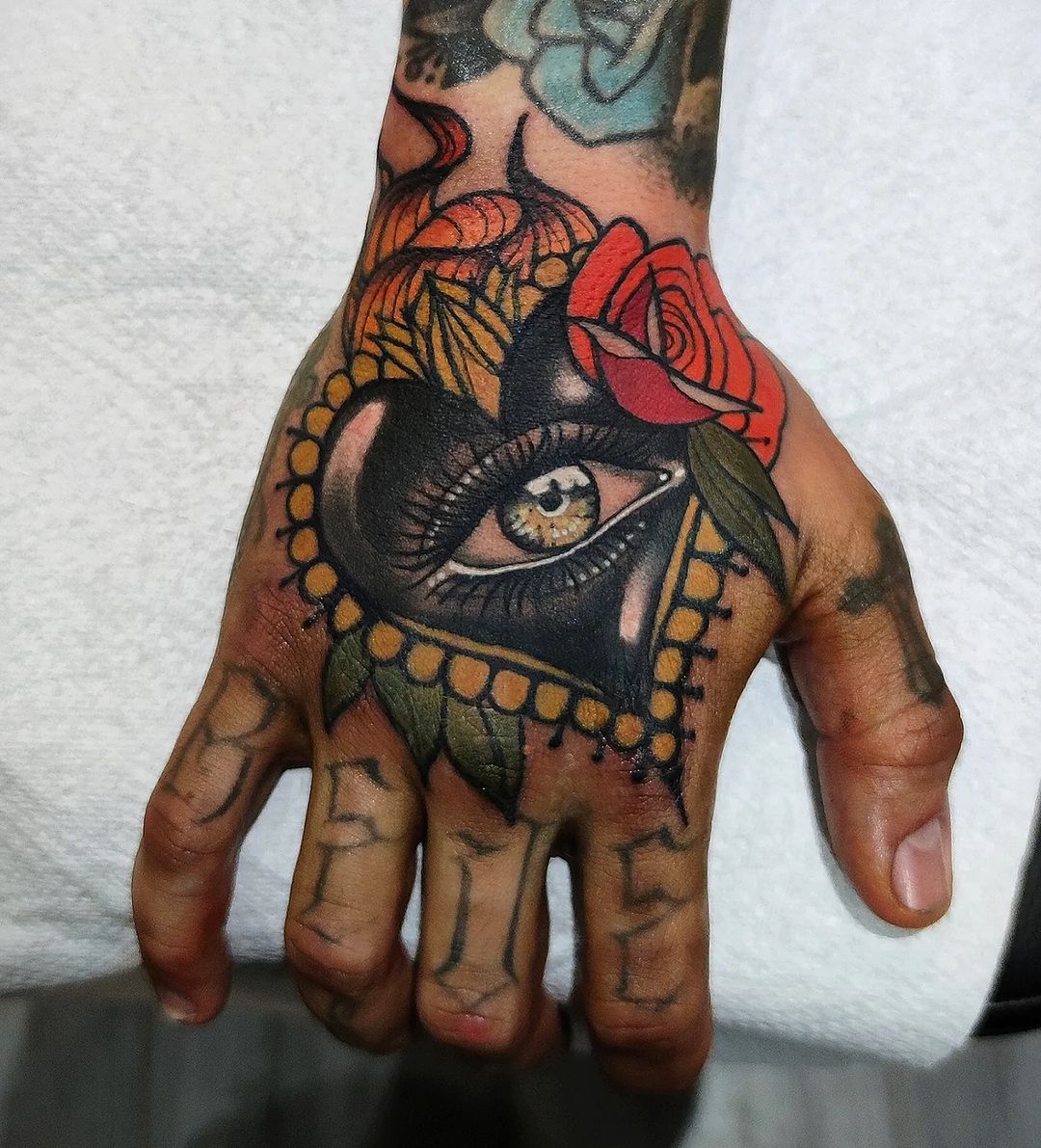 Colorful Eye Rose Tattoo On Hand