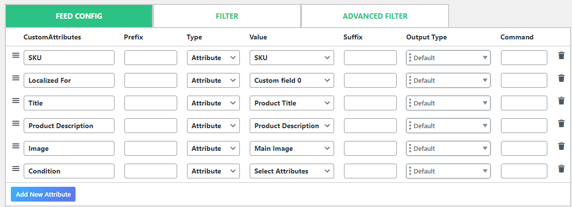 custom product feed attributes for eBay