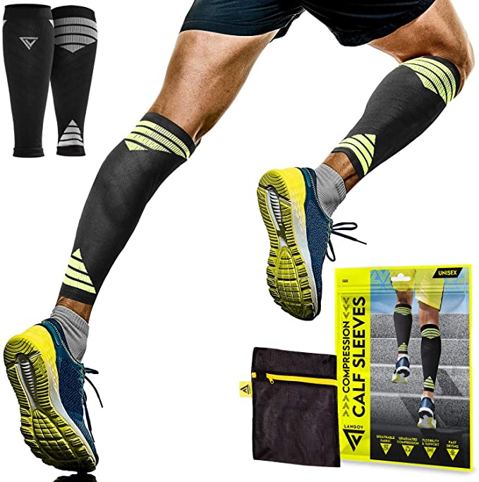Langov Calf Compression Sleeves (Pair) for Men & Women– Legs & Calves Support Brace for Shin Splints, Varicose Veins, Pain Relief - Great for Running, Nurses, Travel (20-30 Mmhg), Laundry Bag Included