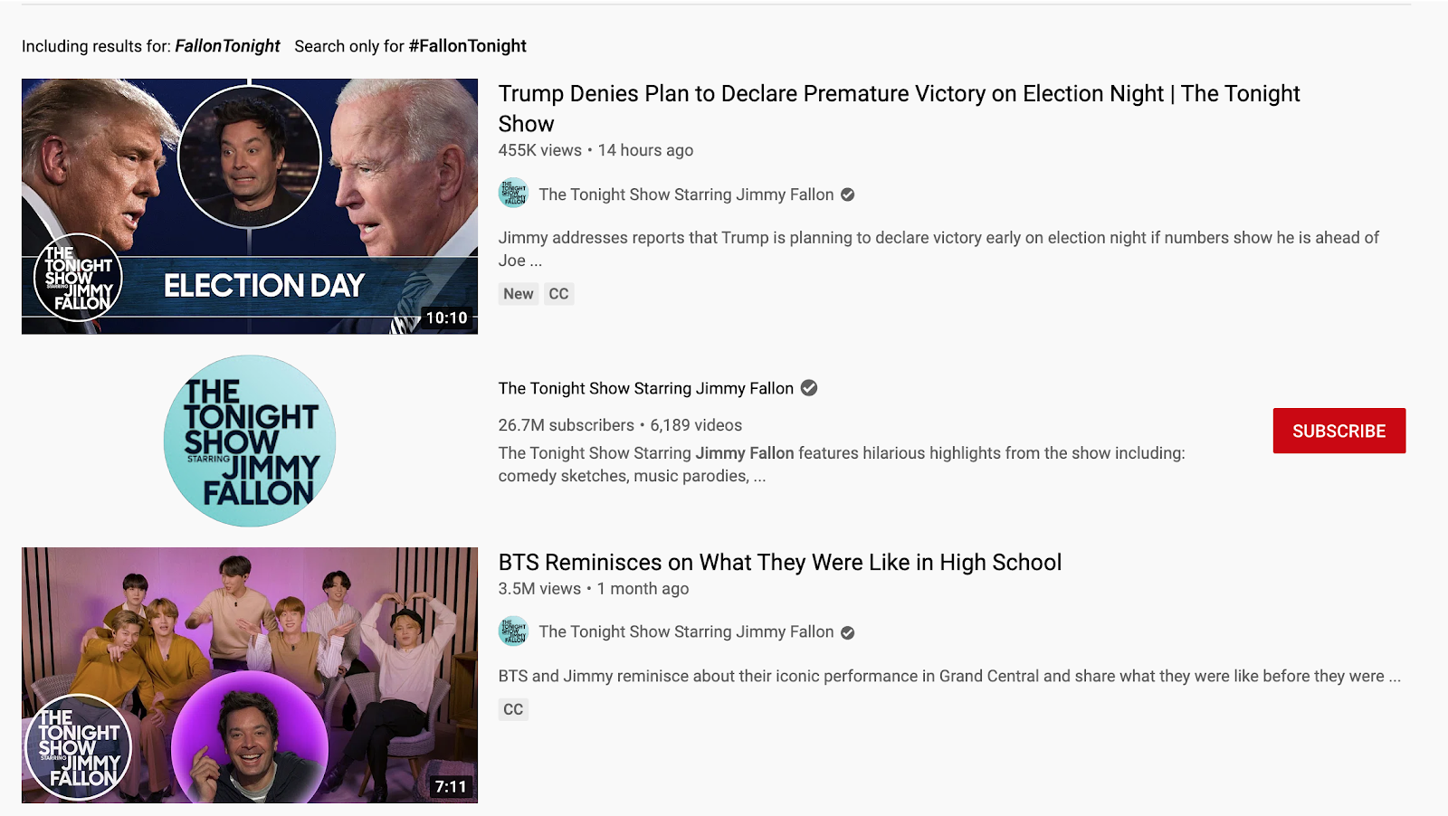 點擊“#FallonTonight”將帶觀眾進入搜索結果屏幕，在那裏他們可以瀏覽更多關於這個主題的視頻和帖子。