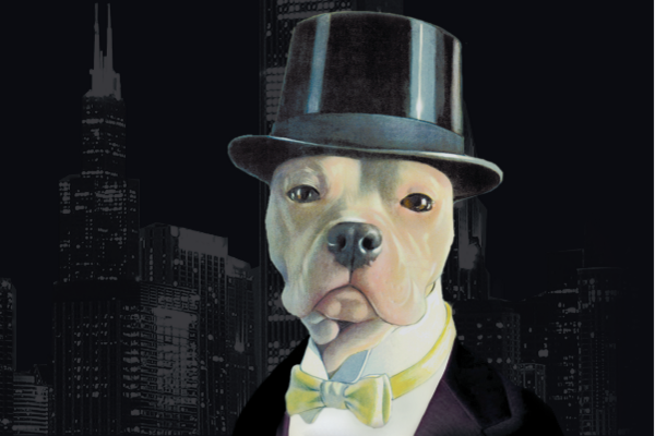 A dog wearing a hat and a suit and tie  Description automatically generated with low confidence