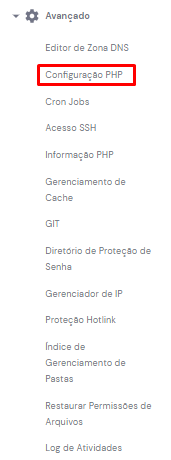 Menu de configuração PHP no painel de hospedagem da Hostinger (hPanel)