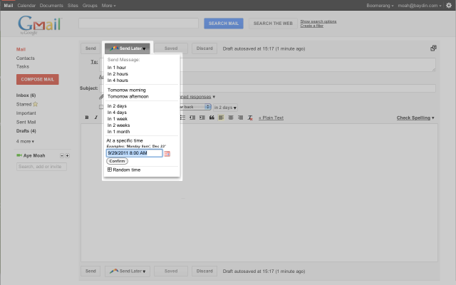 Screenshot of Boomerang for Gmail Gadget