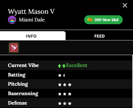 Wyatt Mason V
Team: Miami Dalé
Current Vibe: Excellent
Batting: 1.5 stars
Pitching: 3 stars
Baserunning: 3 stars
Defense: 3 stars