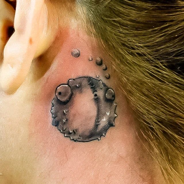 Little Puffer Fish Behind The Ear Tattoo