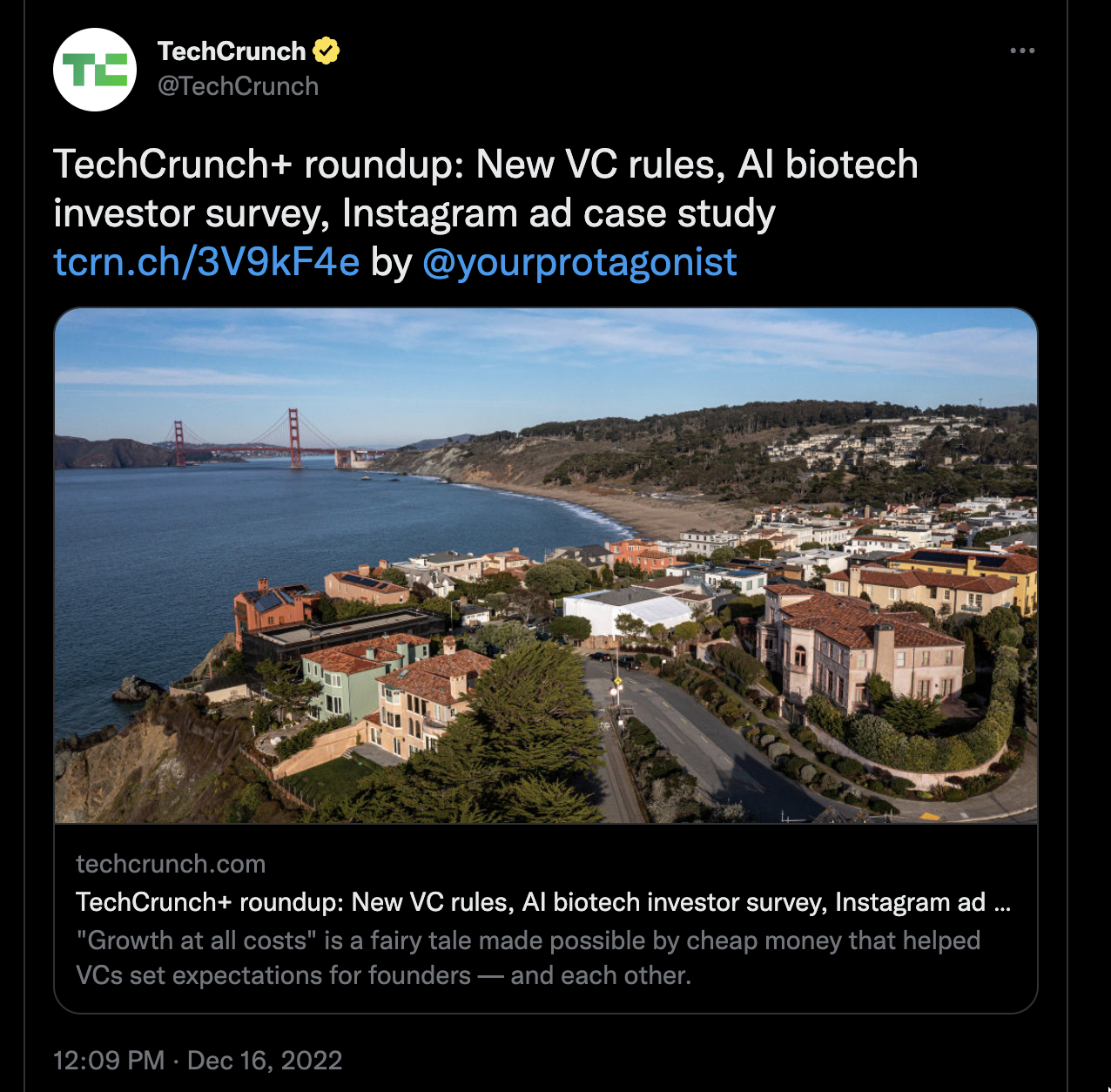 An example tweet from TechCrunch, with a summary of the article in the tweet.