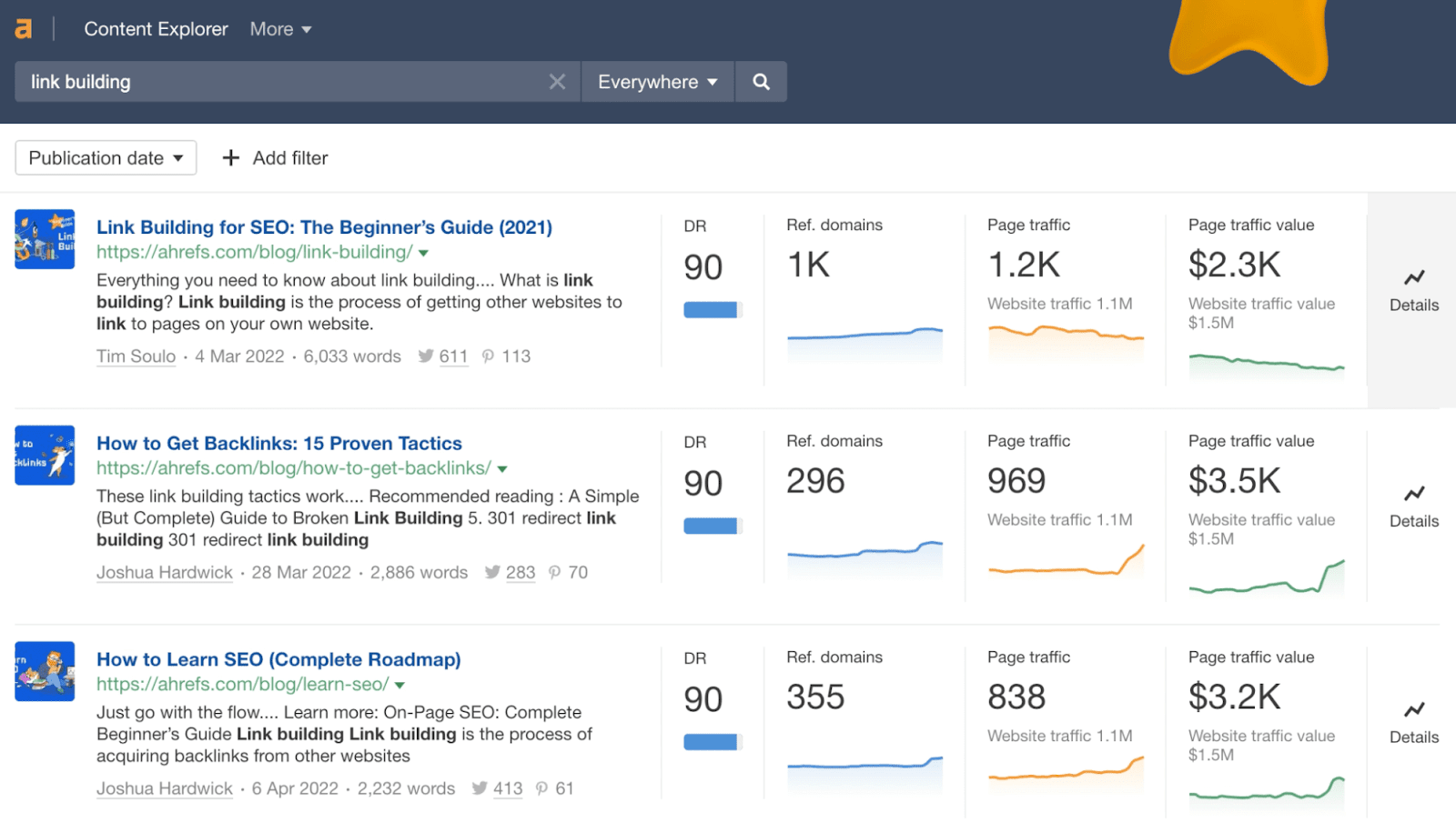 Inside Ahrefs content explorer tool. 