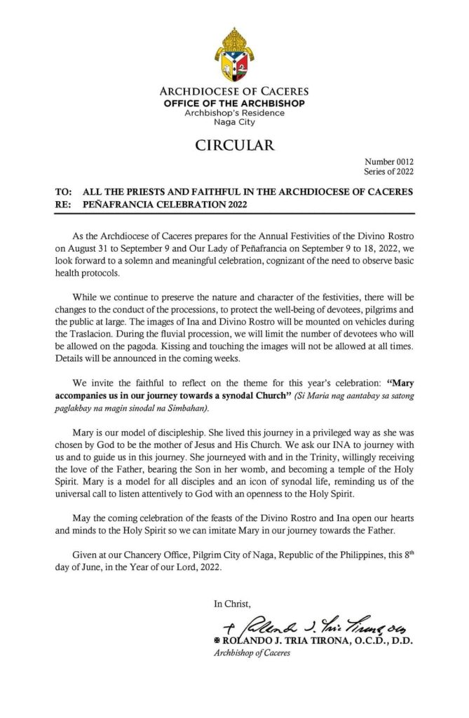 circular number 0012, series of 2022
Guidelines for the Penafrancia Festivity 