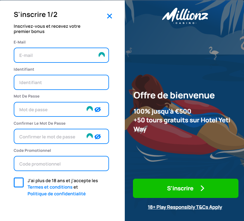 Processus d'inscription Millionz Casino