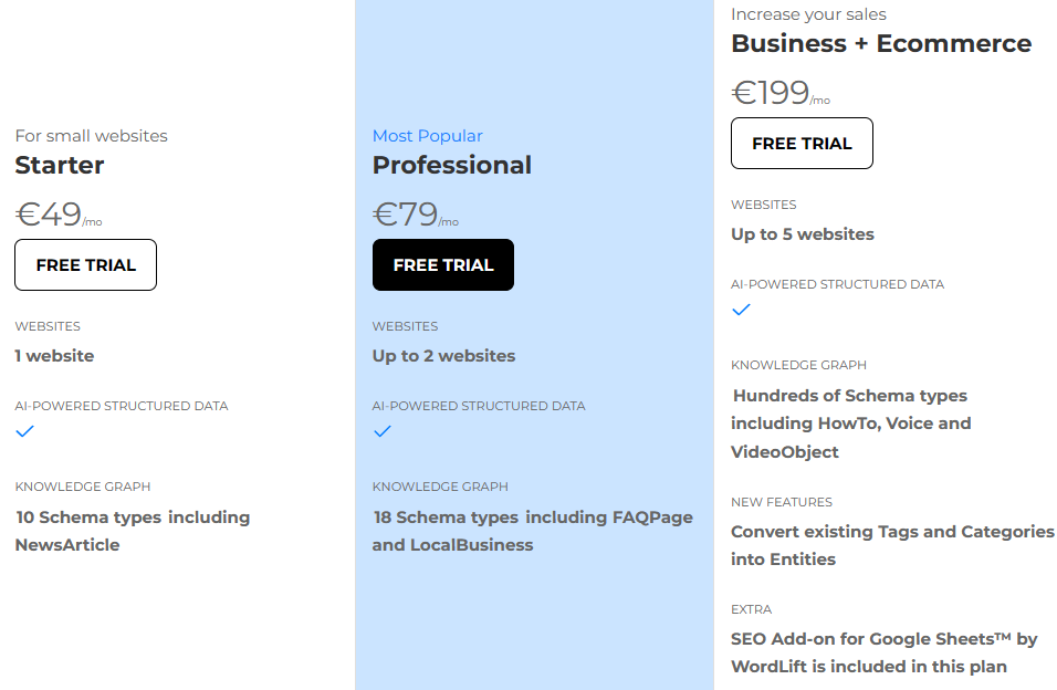 3 columns, the middle one in blue to show it is most popular: Starter, professional, and business