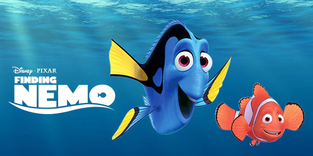 Movie poster for Finding Nemo, showing a blue cartoon fish and an orange cartoon fish swimming.