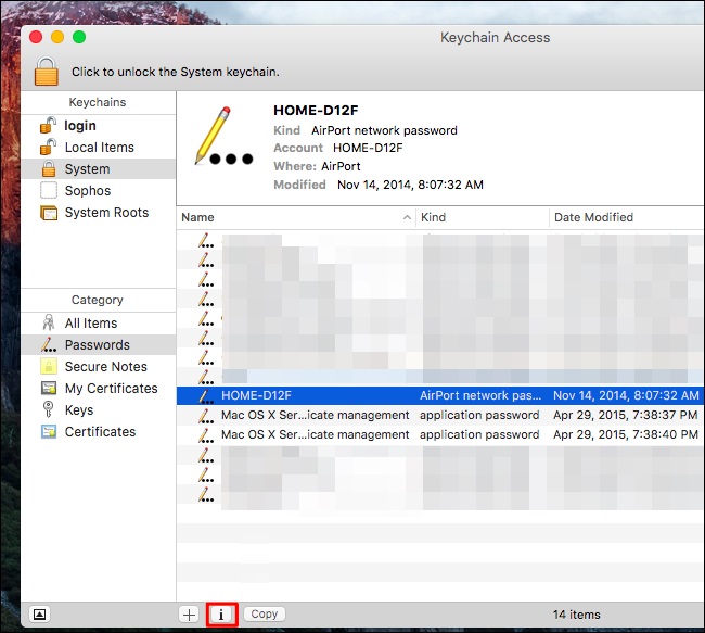 keychain access app see wifi info