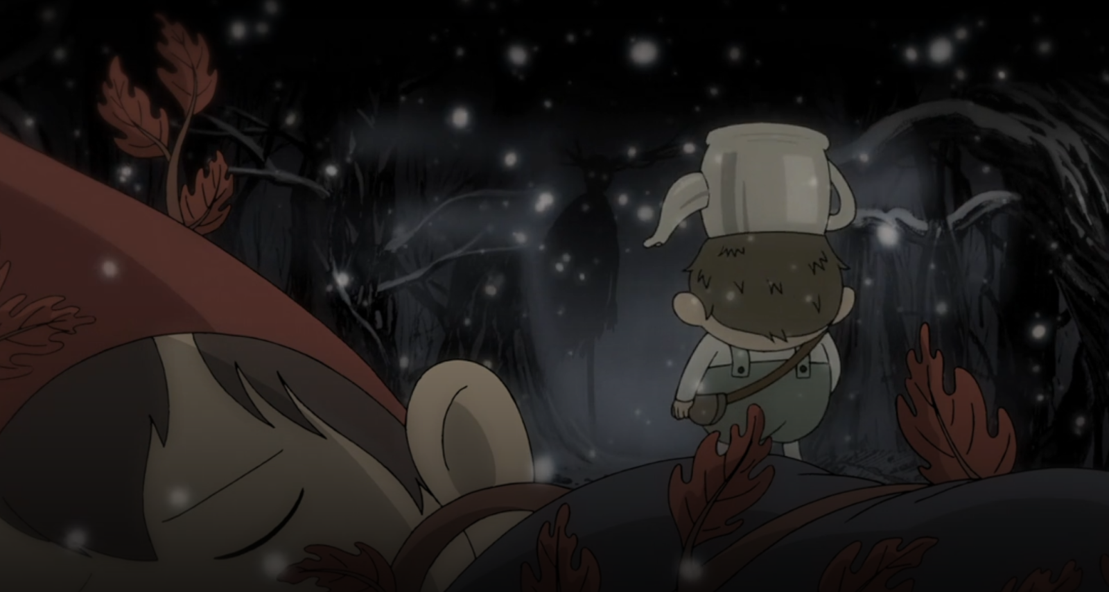 A screen still from Over the Garden Wall, featuring Wirt walking away from Greg, who is laying on the ground with his eyes closed, towards The Beast.