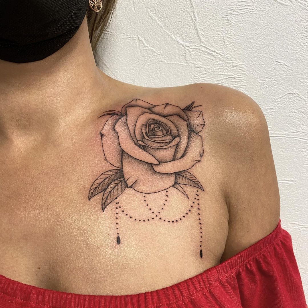Front Shoulder Ornamental Rose Tattoo