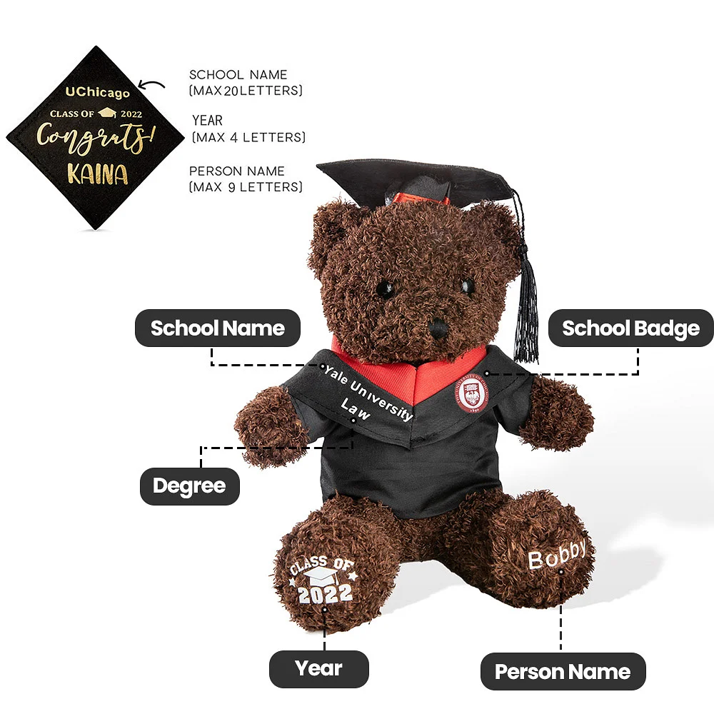 Ourson en peluche de couleur brune avec bonnet et tenue de cérémonie de remise de diplômes personnalisés avec prénom, année de réussite et université. 