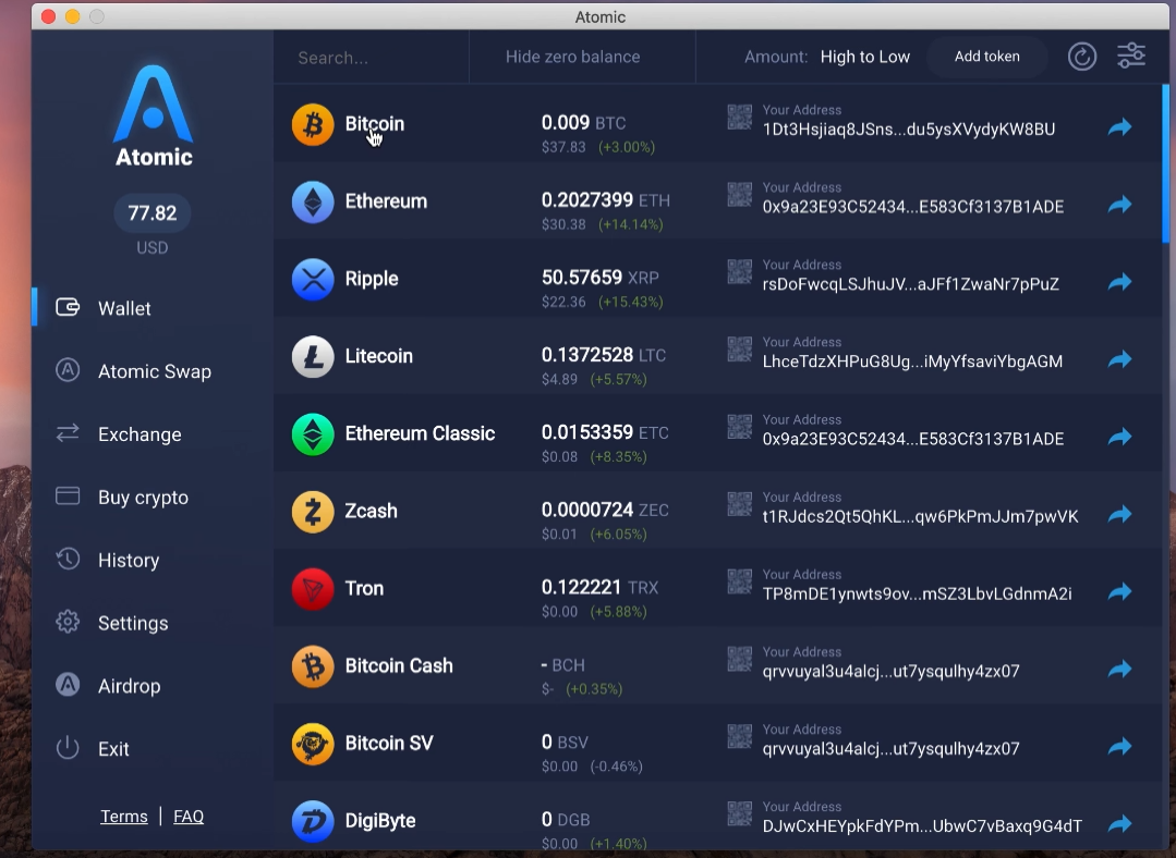 Atomic Wallet's crypto purchase interface showing multiple coins and the different tabs Wallet, atomic swap, exchange, buy crypto, history, settings, airdrop, and exit on the left-hand side. 
