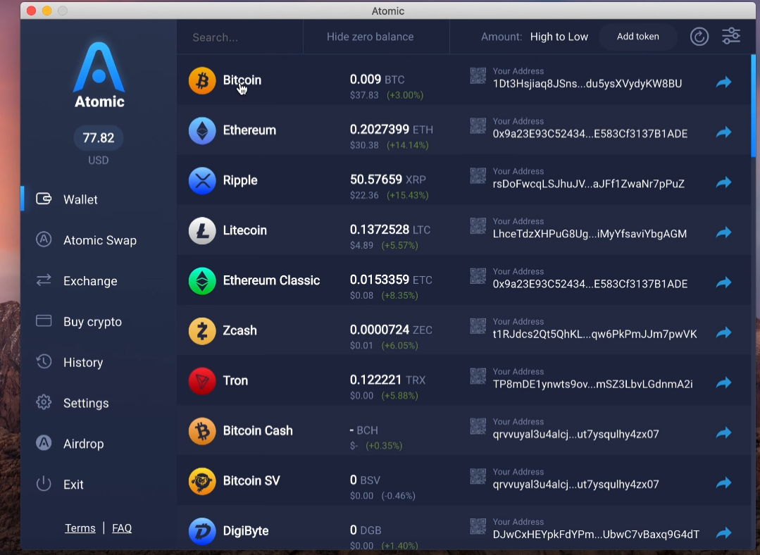 Atomic Wallet's crypto purchase interface showing multiple coins and the different tabs Wallet, atomic swap, exchange, buy crypto, history, settings, airdrop, and exit on the left-hand side.