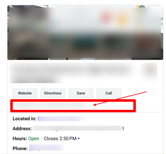 example of a school google business profile that has had its review capabilities disabled