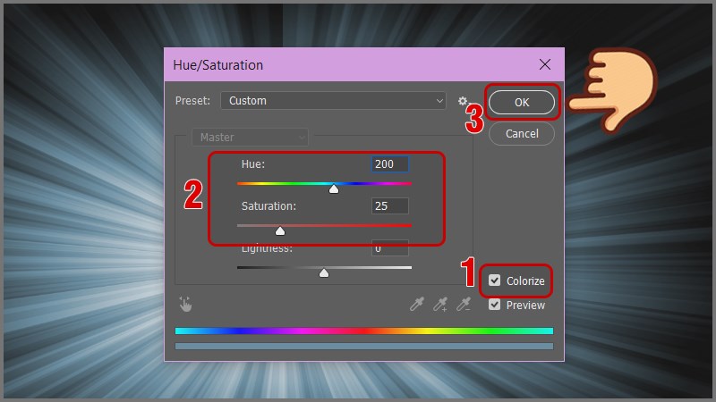 Chỉnh HUE là 200 và Saturation là 25 sau đó nhấn OK