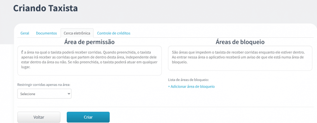 Áreas de permissão e bloqueio