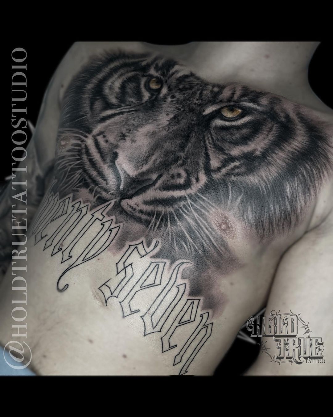 Grey Ink Tiger Chest Tattoo With Initials 