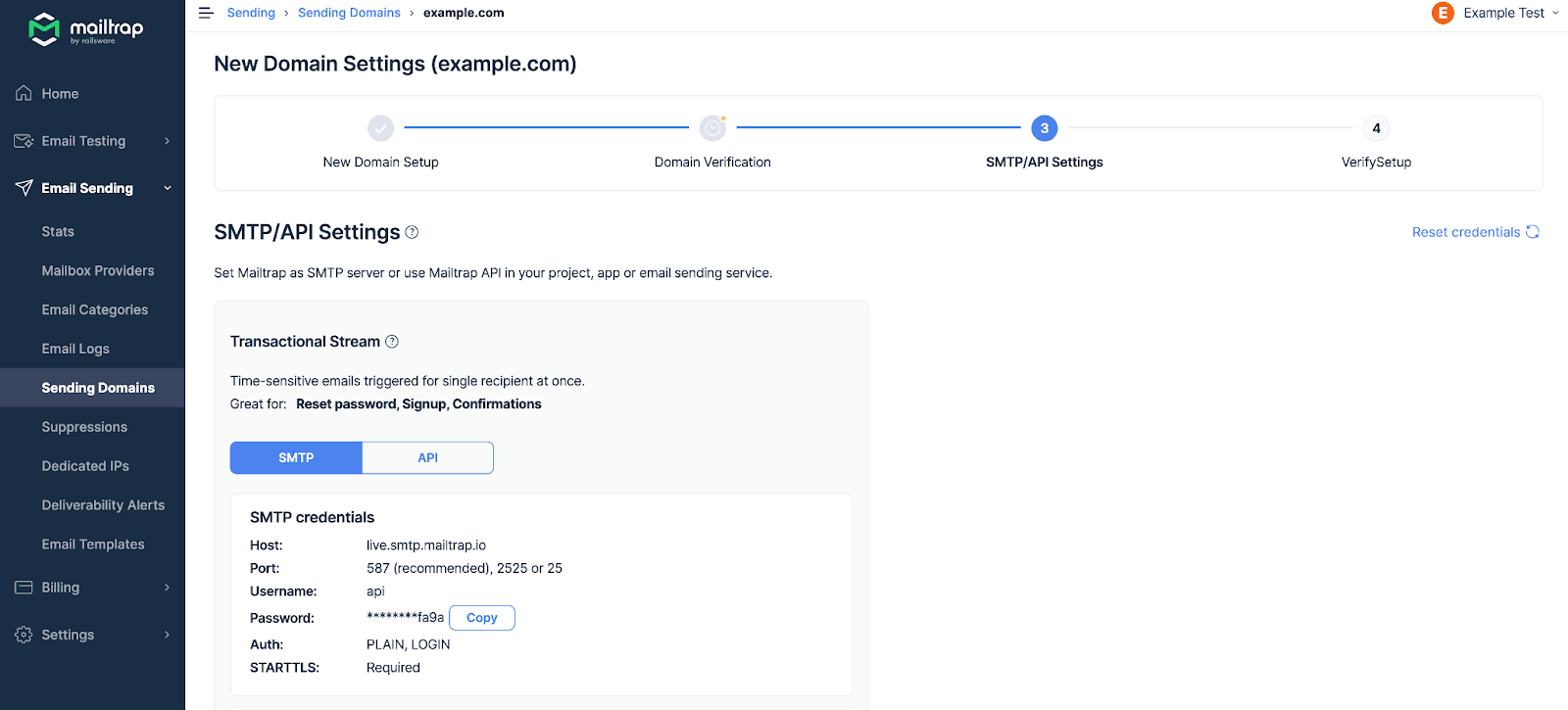 Mailtrap Email Sending SMTP Settings 