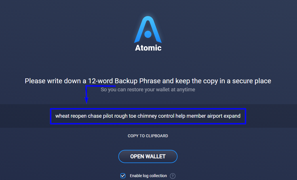 AtomicWallet слова-секретный пароль скриншот