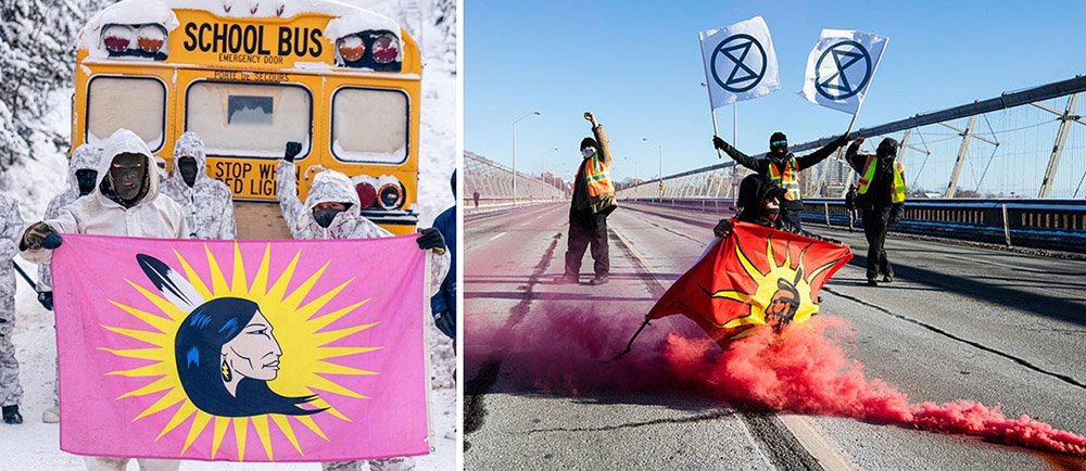 Photo to the left: protestors in white overalls raise their fists in celebration outside a yellow school bus, snow everywhere. Photo right: rebels raise thier fists and let off red smoke flares on a bridge