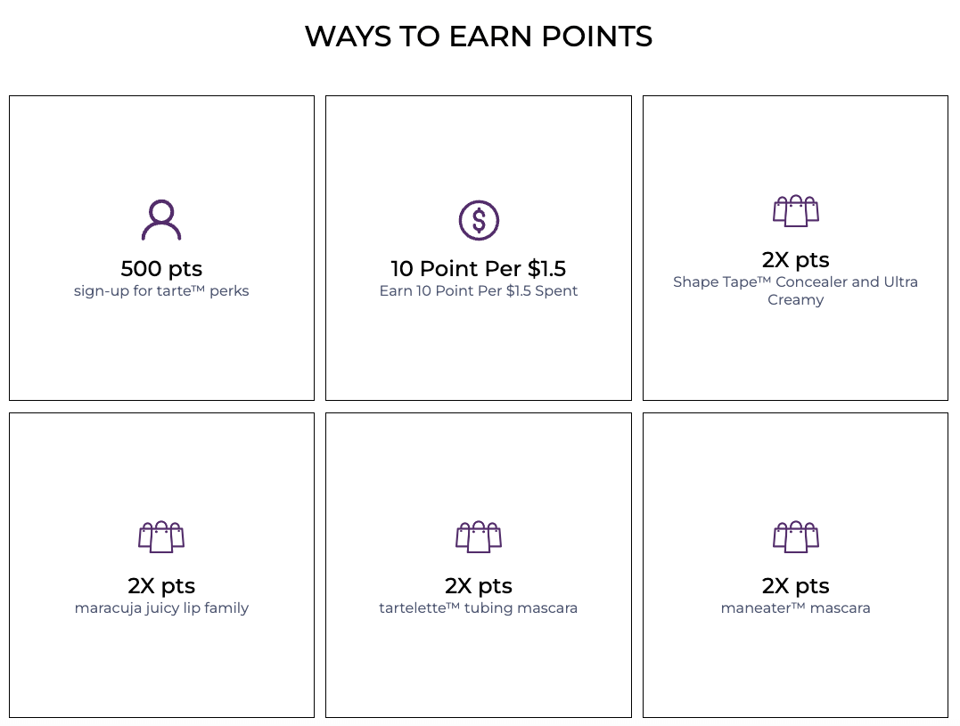 Rewards Case Study tarte perks–A screenshot from the tarte perks explainer page showing ways to earn. They are–500 points for signing up for tarte perks, 10 points per $1.5 spent, 2X points for Shape Tape concealer and Ultra creamy, 2X points for maracuja juicy lip family products, 2X points for tartelette tubing mascara, and 2X points for maneater mascara. 