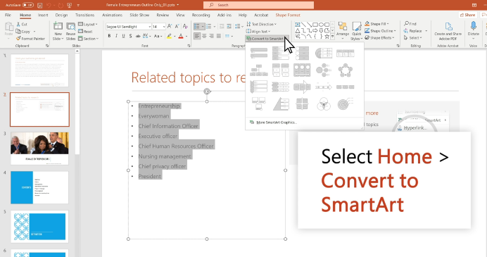screenshot of how to create SmartArt in PowerPoint