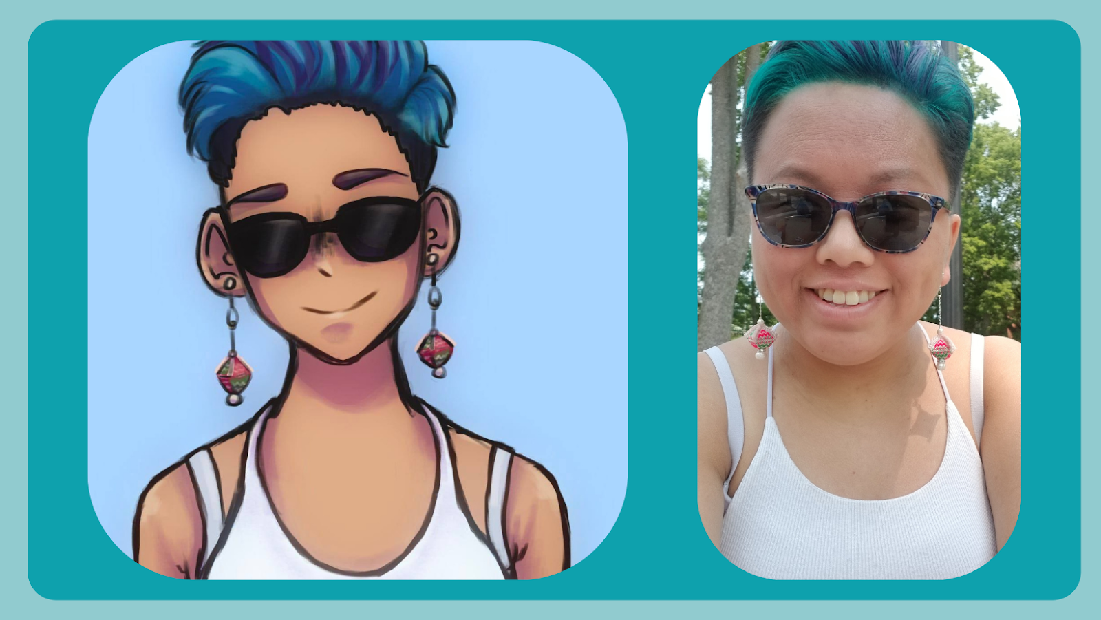 Picture on the right is Nancy in short teal and black hair with sunglasses and Hmong dangling earrings. Picture on the left is a drawing of the picture on the right, drawn by Nancy's sibling.