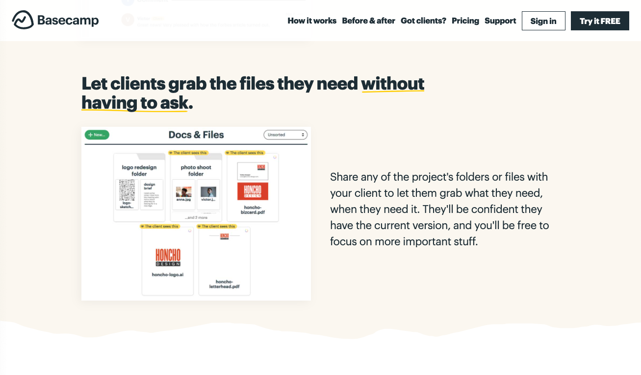 Basecamp let clients grab the files they need without having to ask project management app