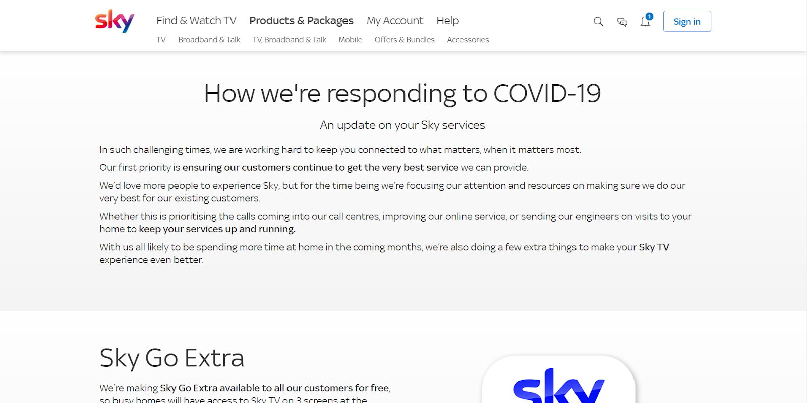 sky messaging about covid.