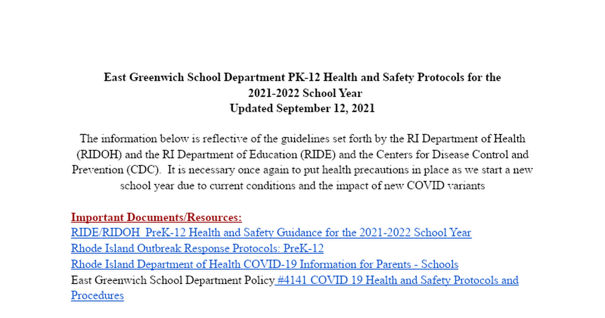 East Greenwich School Department Health and Safety Protocols for the