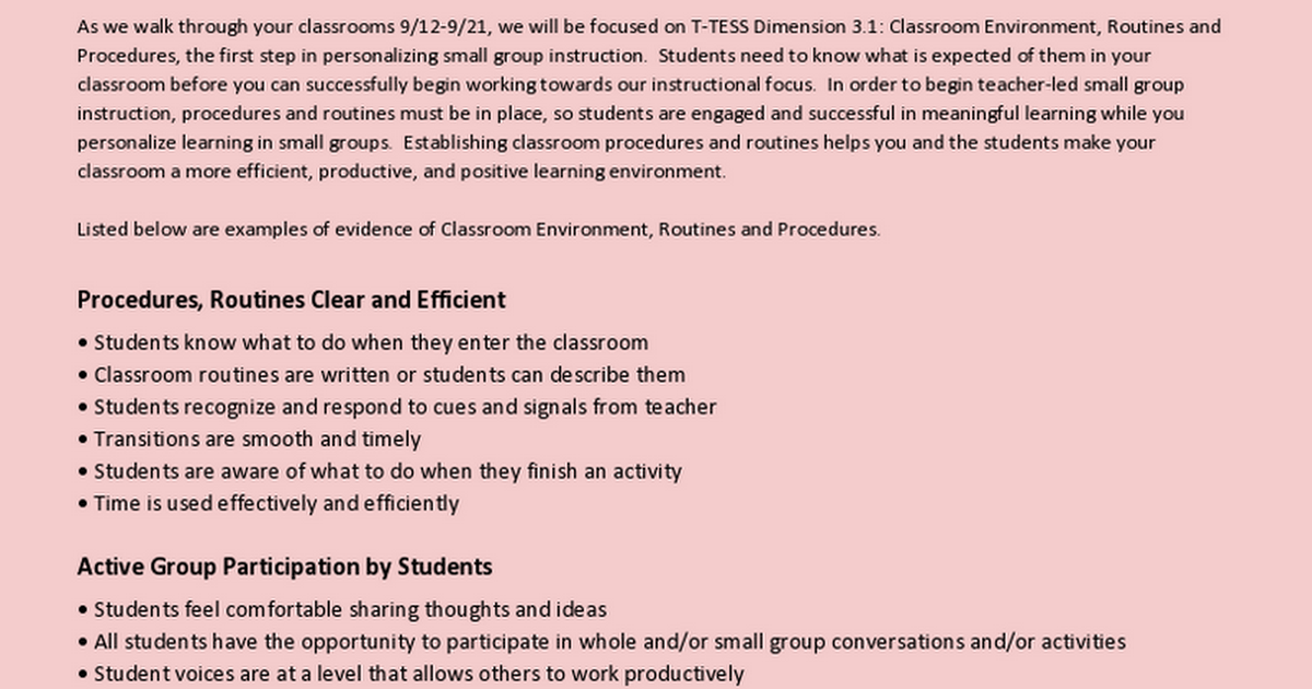 Classroom Environment, Routines and Procedures