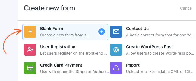 Click Blank Form to create a new form