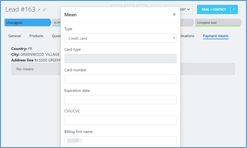 Screenshot of Lead / Contact card — adding client's billing info