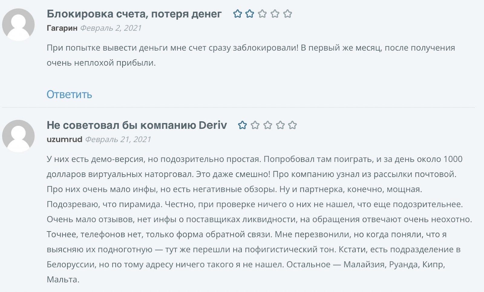 Deriv: отзывы пользователей о работе компании в 2022 году