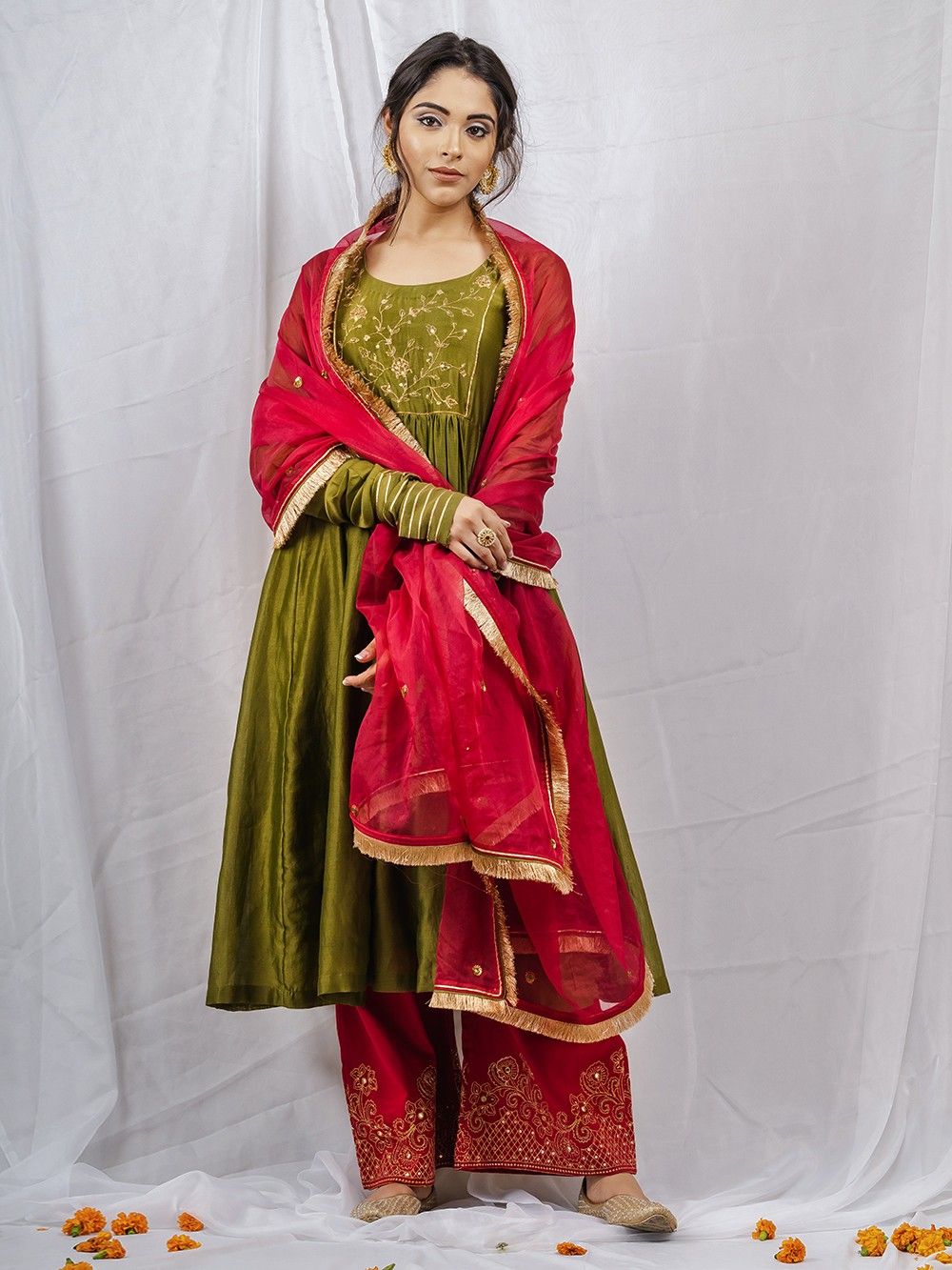 the loom - Olive Green Chanderi Silk Anarkali Kurta