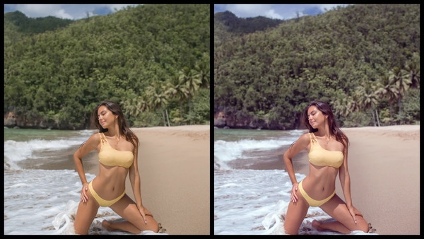 Montagem de duas fotos usando a mesma mulher posando na praia. Foto 1 sem edições e foto 2 usando o Filtro Fawn