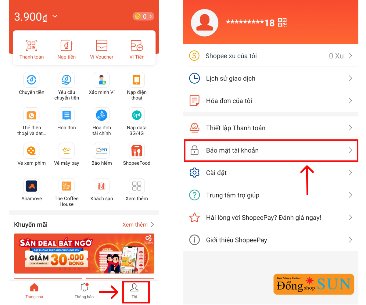Chọn chức năng “Bảo mật tài khoản”