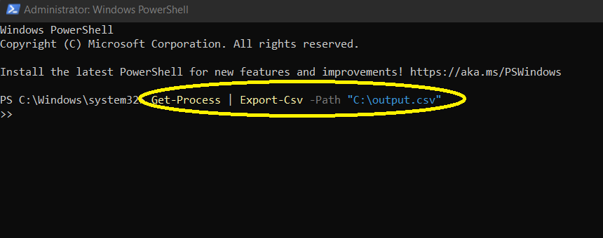 How to export the output of a command to a CSV file named "output.csv", the following command could be used: Get-Process | Export-Csv -Path "C:\output.csv"