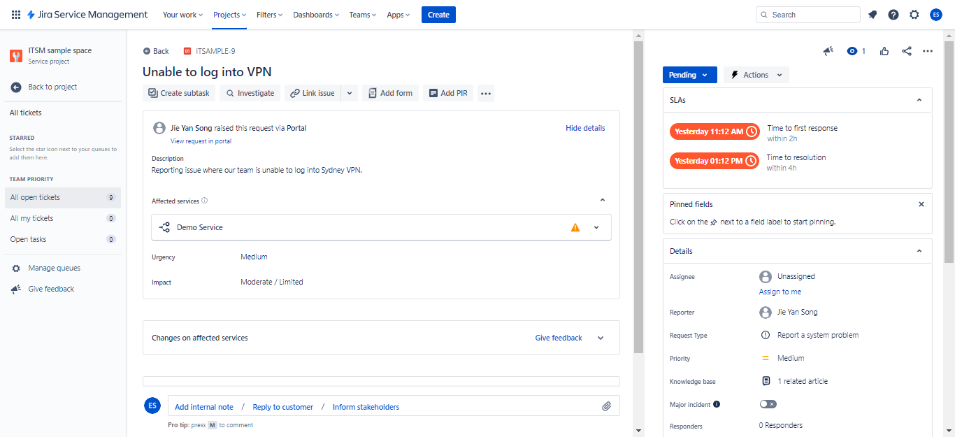 Jira Service Management opened ticket with missed deadlines