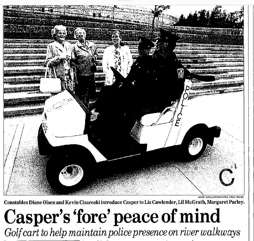Newspaper clipping featuring a black and white photo of the golf cart, Casper G. Cop, used to patrol popular cruising sites in 1992.