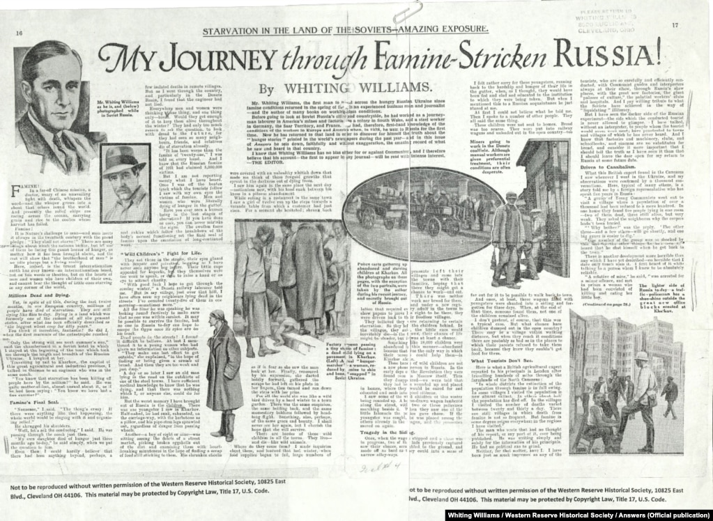 Первая часть публикации Уайтинга Уильямса о Голодоморе в Украине, размещена в лондонском еженедельнике Answers