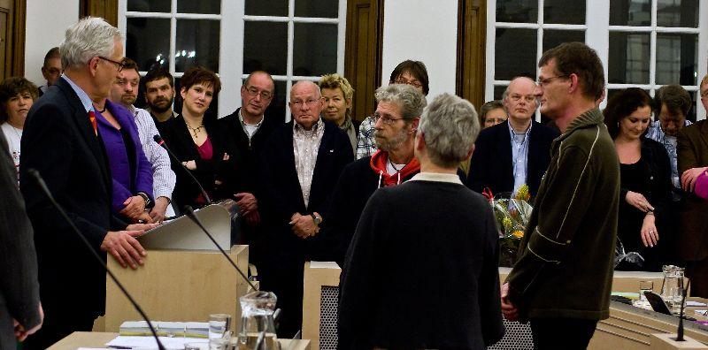 De beëdiging van Hans Kosters, Herman Torgensen en Corrie van Hoogmoed als nieuwe SP-raadsleden na de afdelingscrisis van 2007